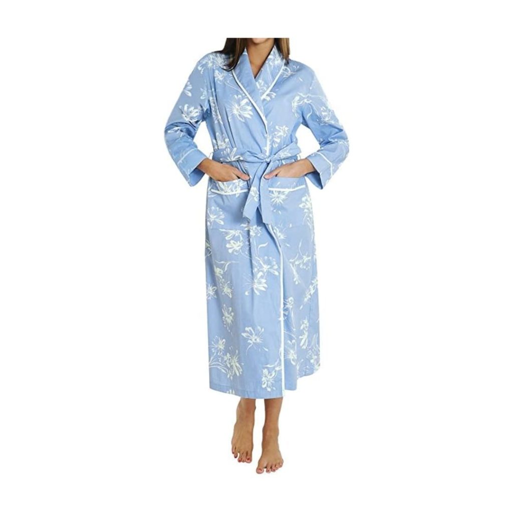 blue robe with white piping