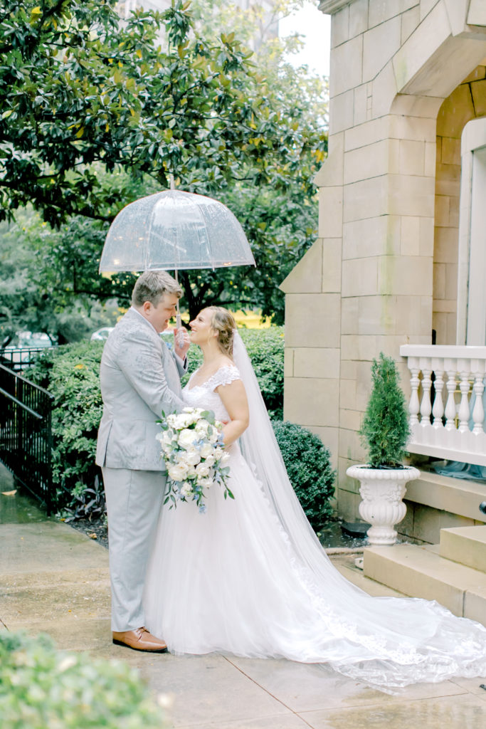bride and groom under and umbrella portraits