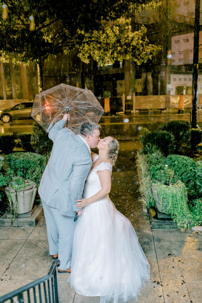 bride and groom send off in the rain
