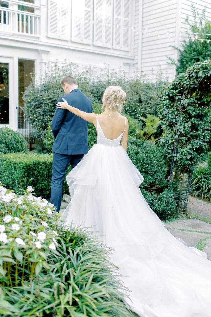 first look with bride and groom at the primrose cottage in atlanta