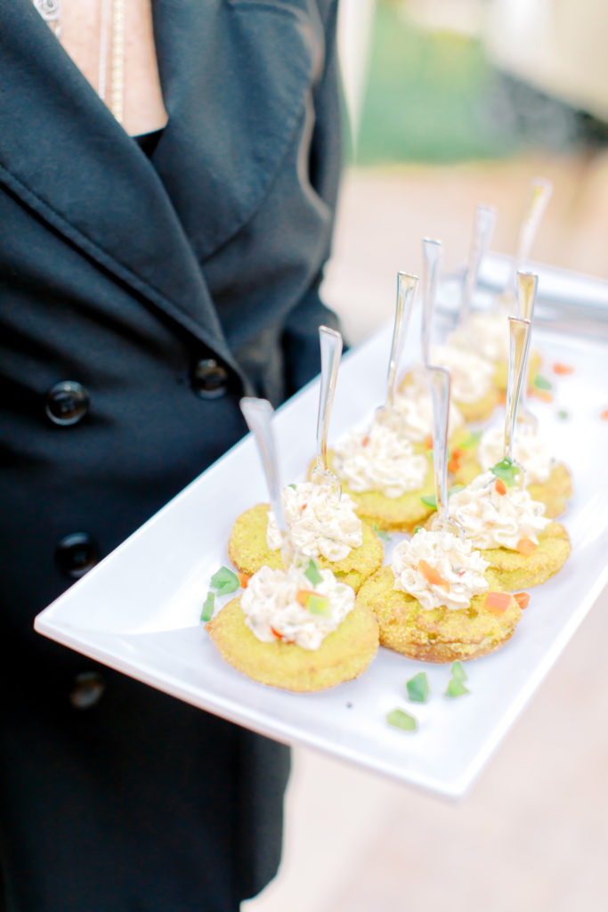Friend green tomato wedding hors d'oeuvres being passed around at the reception | Jacksonville, Wedding Photographer | Photo by Mary Catherine Echols
