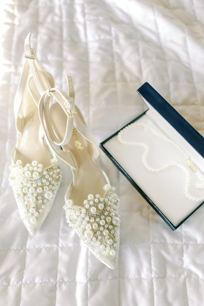 bridal shoes and pearl necklace | Photo by Mary Catherine Echols