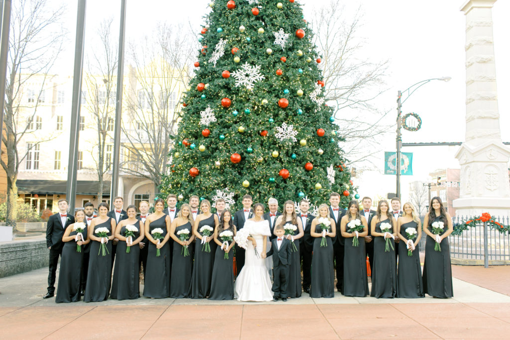 bridal party in front of the christmas tree in south carolina | Photo by Mary Catherine Echols