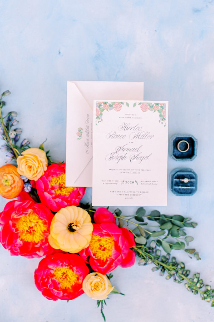colorful wedding details, wedding invitation suite with flowers and ring box | photo by mary catherine echols