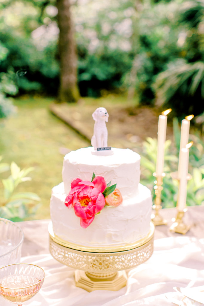 white elopement cake with golden doodle cake topper | photo by mary catherine echols