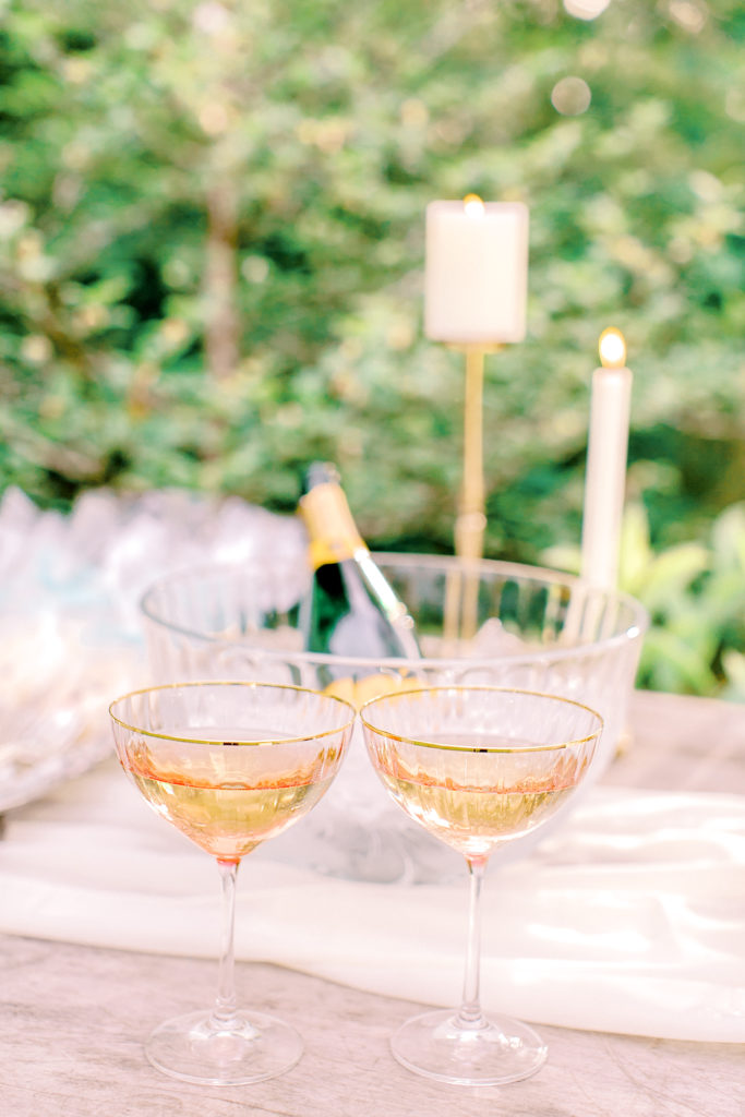 close up shot of elopement reception table champagne flutes | photo by mary catherine echols