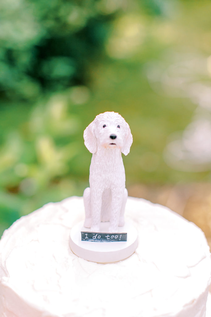 close up shot of the cake golden doodle topper | photo by mary catherine echols